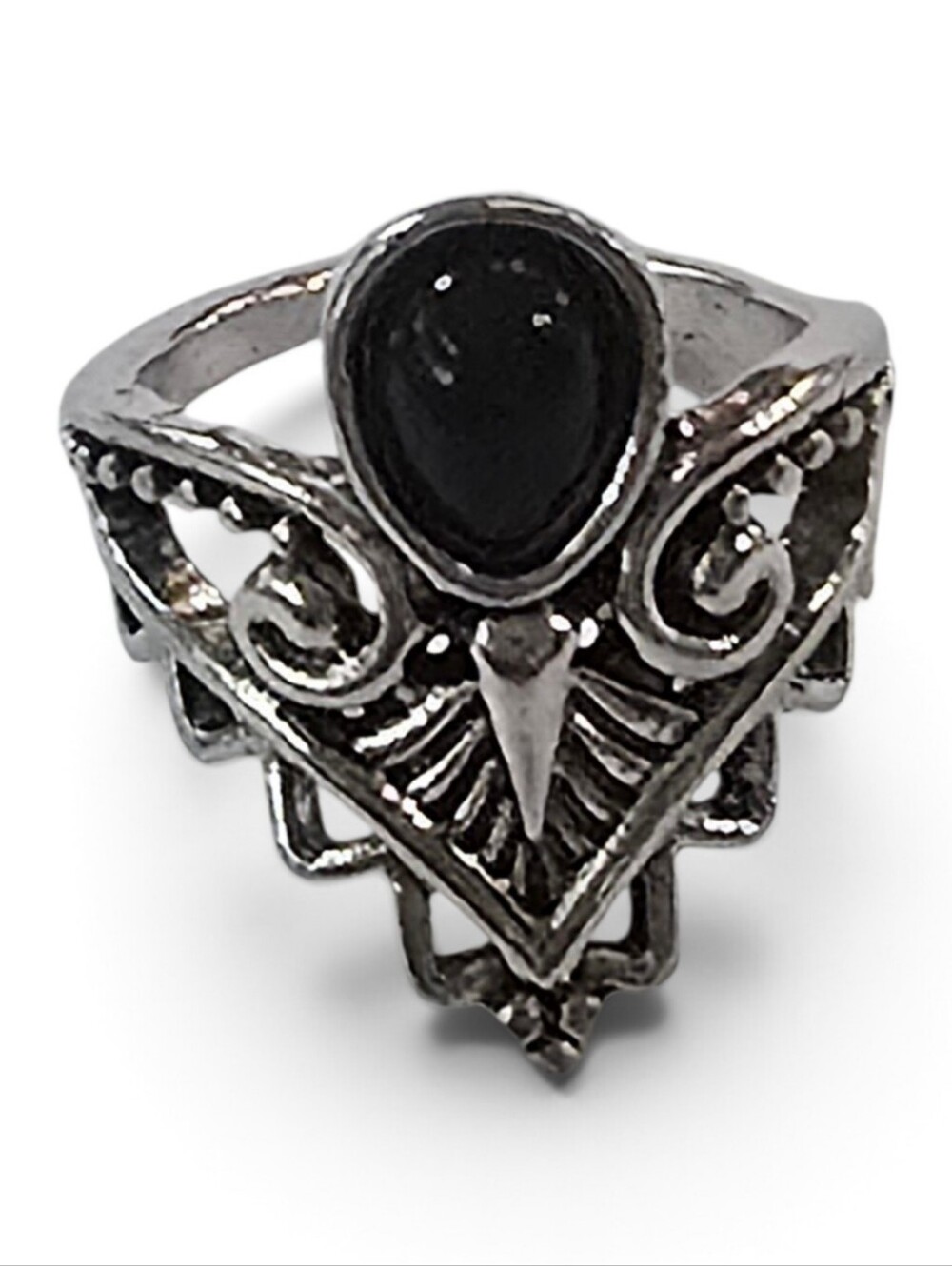 VSHAPED OPEN TIARA BLACK OBSIDIAN TEARDROP BEZEL SET  SILVER NEW SIZE 5 RING